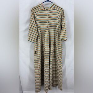Vintage 1970s Terry Cloth Zip House Dress Rainbow Stripe Retro Womens large